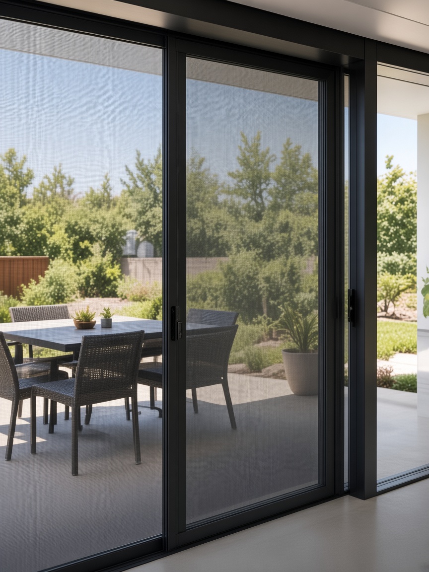 Sliding door flyscreen with mesh panel fitted alongside a patio door