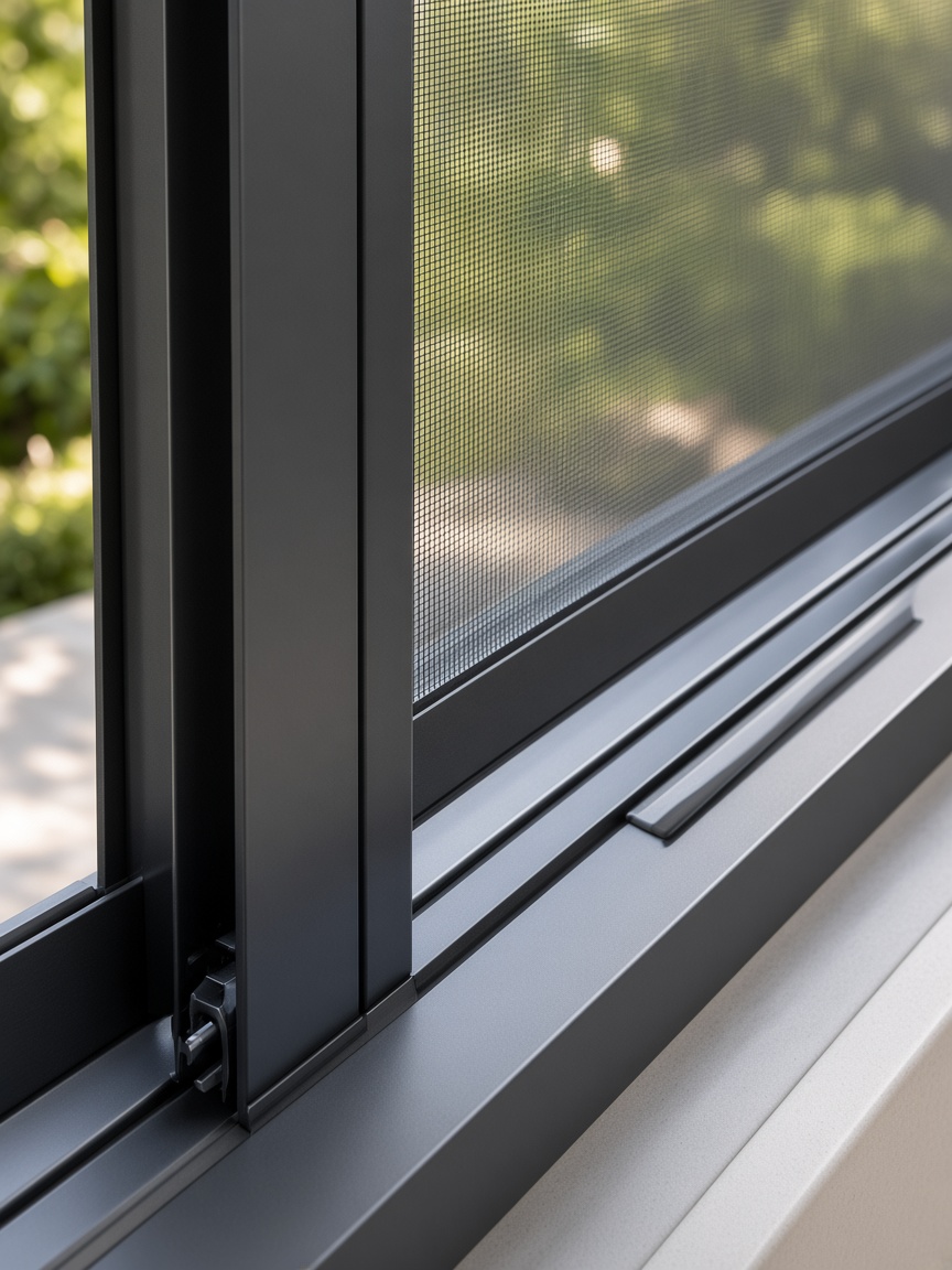 Close-up of sliding door flyscreen mesh and track detail
