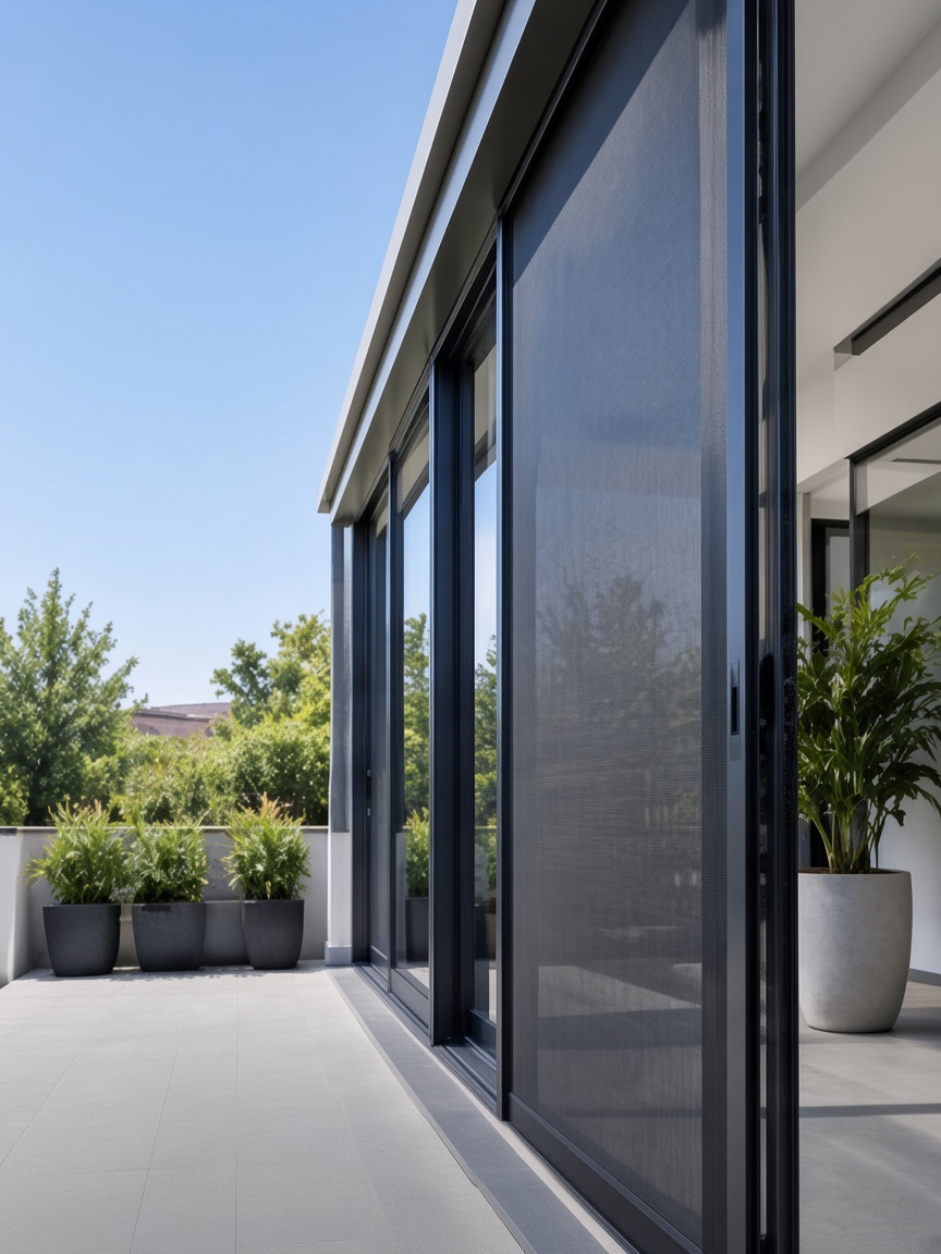 Sliding patio door with flyscreen mesh for garden access