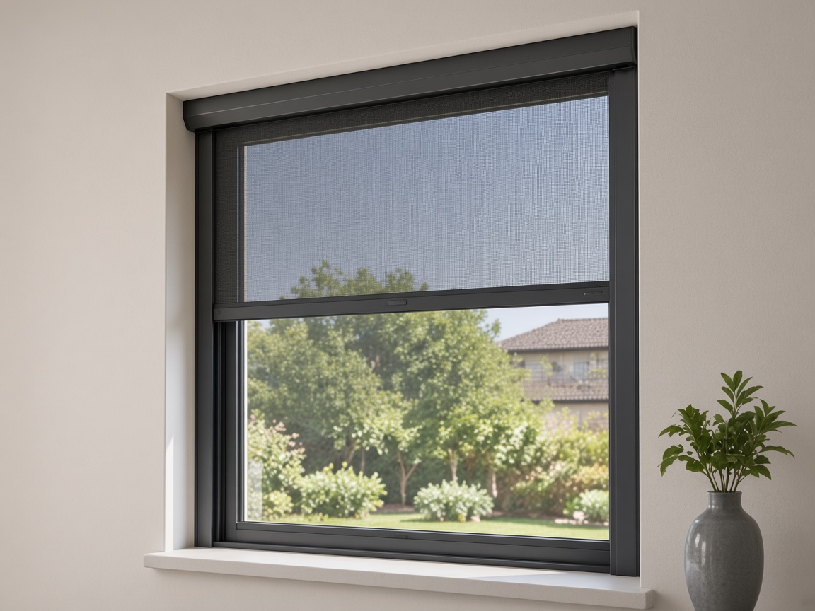 Insect mesh flyscreen fitted to a residential window, preventing flies from entering the home