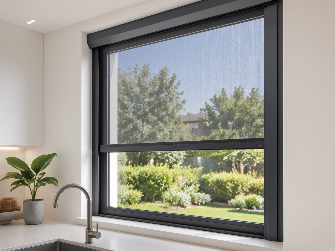 Close-up of professional window flyscreen mesh fitted to a modern window frame