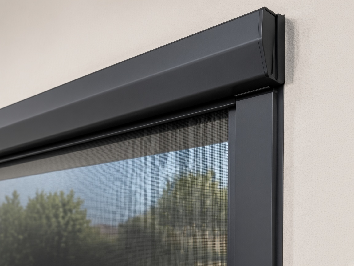 Window flyscreen mesh stored at the top of the window frame